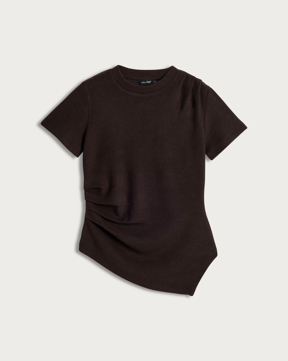 image 1 of F&F Asymmetric Ruched Short Sleeved T-Shirt in Brown