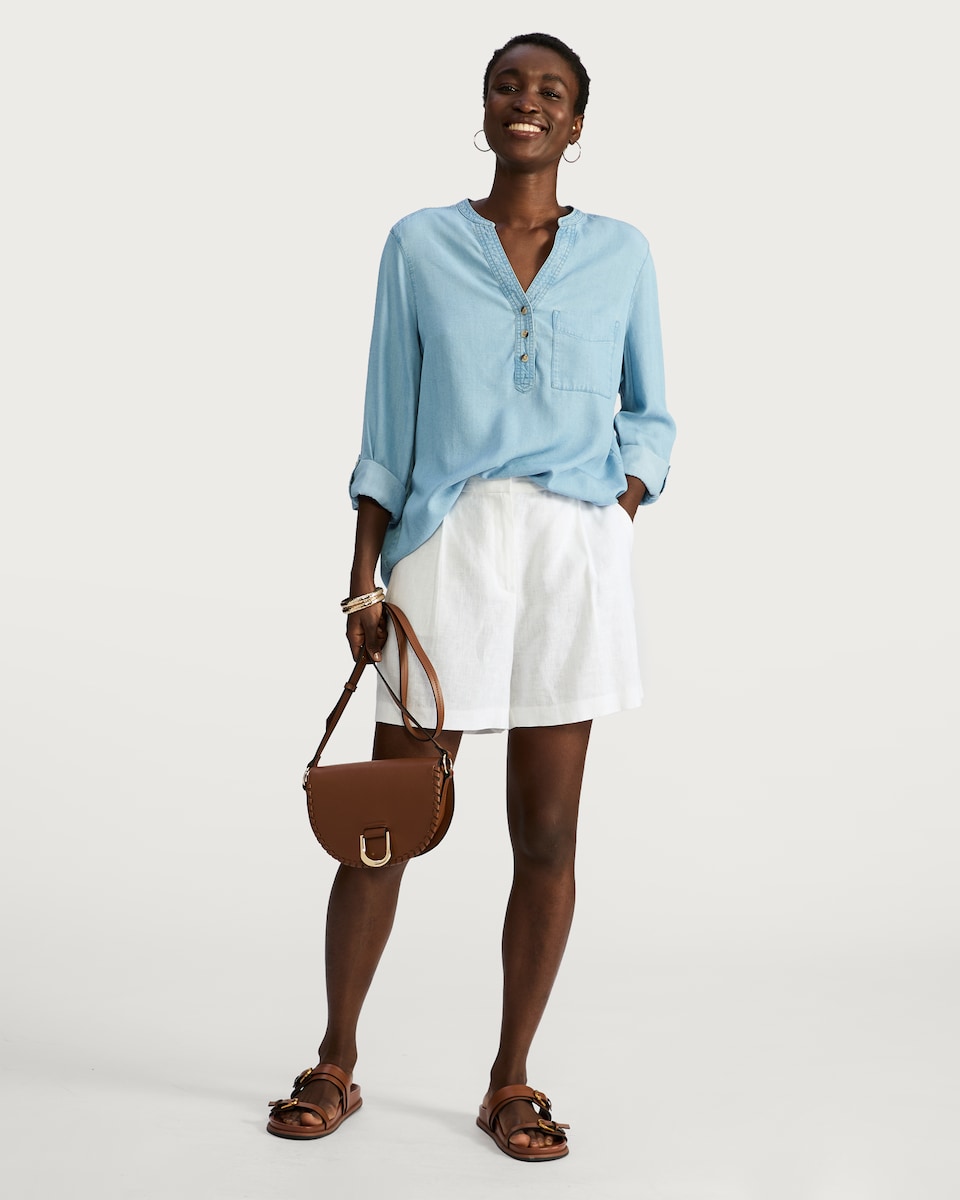 image 1 of F&F TENCEL™ Button Detail Roll Sleeved Blouse in Blue