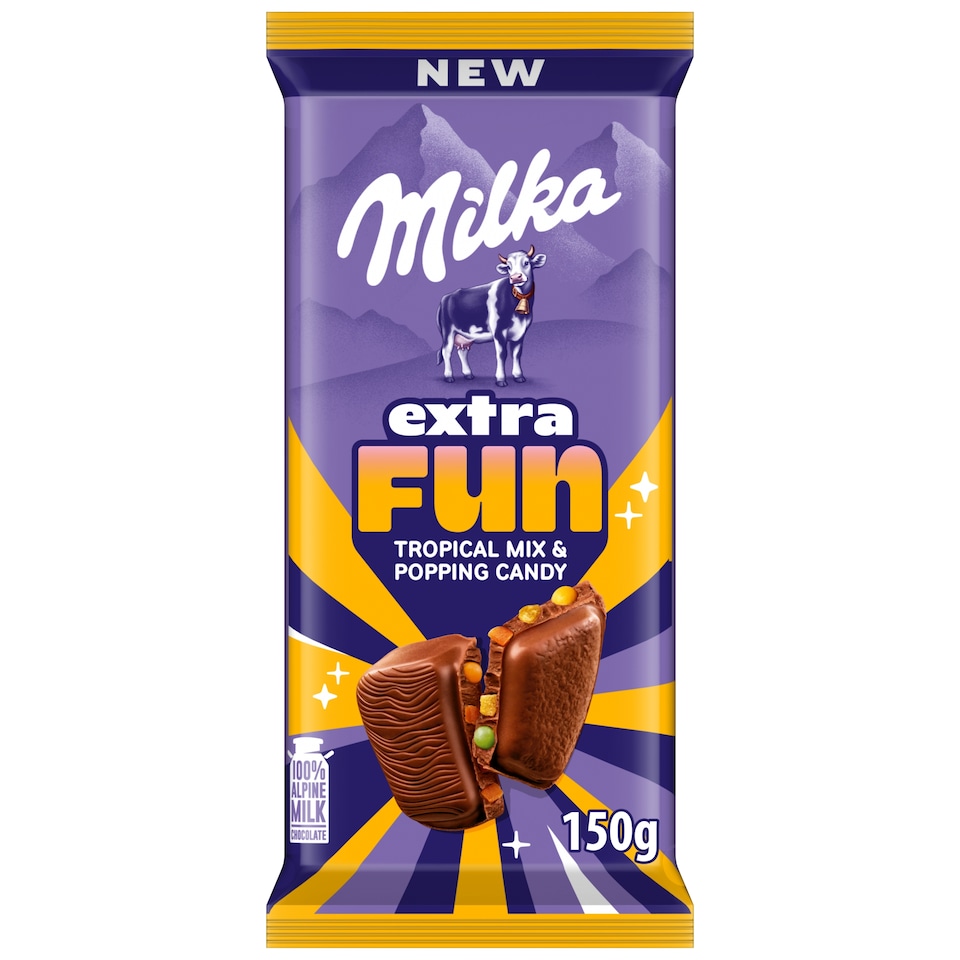 Milka Tropical mliečna čokoláda s tropickým ovocím, kúskami želé a praskajúcimi perlami 150 g