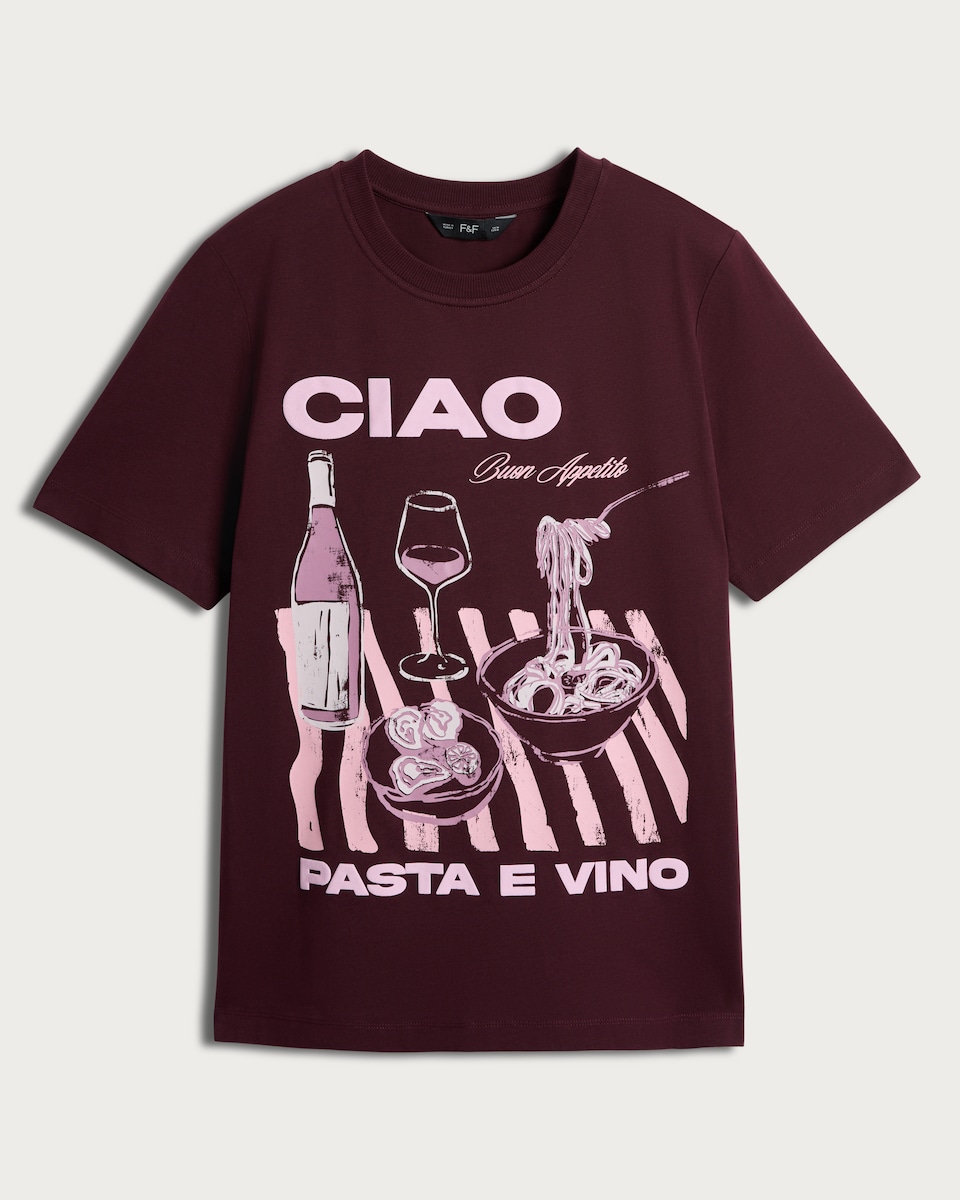image 1 of F&F Pure Cotton Ciao Pasta Print Oversized T-Shirt in Burgundy