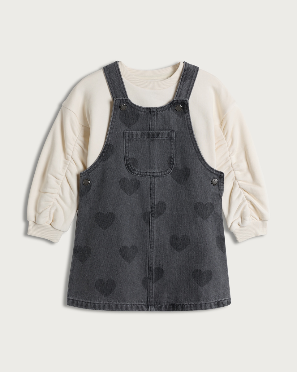 image 1 of F&F Girls 2-Piece Heart Print Denim Pinafore and Sweatshirt Set in Black