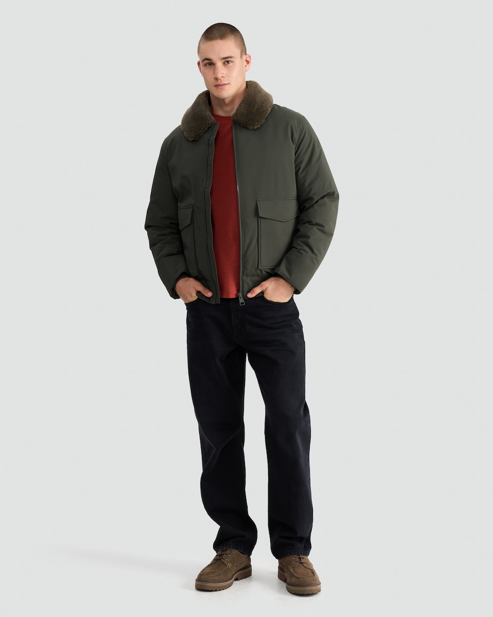 image 1 of F&F Faux Shearling Collar Shower Resistant Bomber Jacket in Khaki