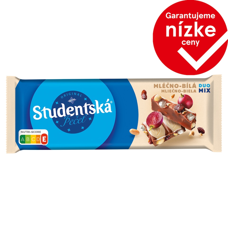 ORION Študentská pečať Mliečna a biela čokoláda s arašidmi, hrozienkami a želé 90 g