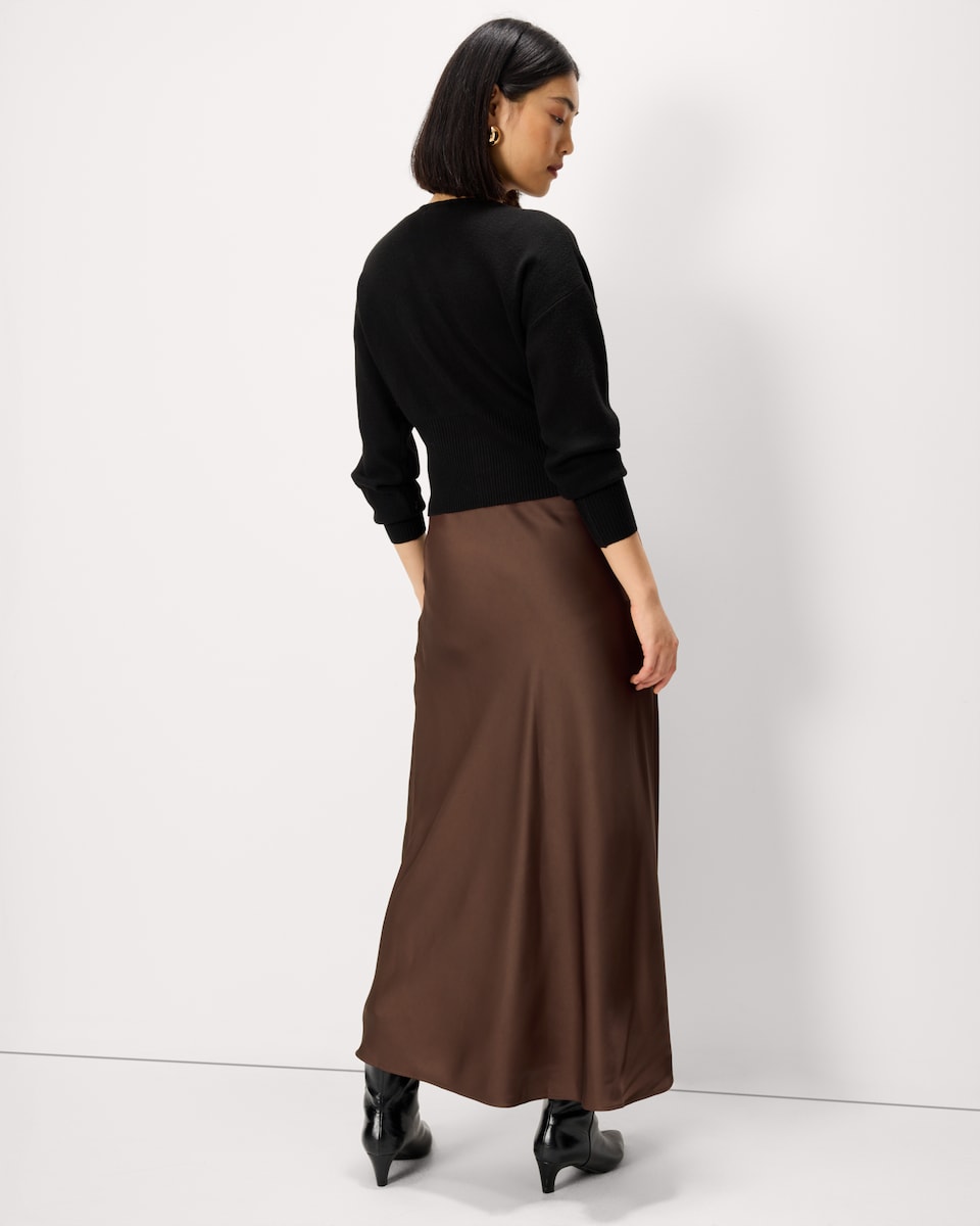 image 1 of F&F Satin Midi Slip Skirt in Tobacco