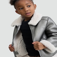 F&F Girls Faux Leather Shearling Collar Aviator Jacket in Silver