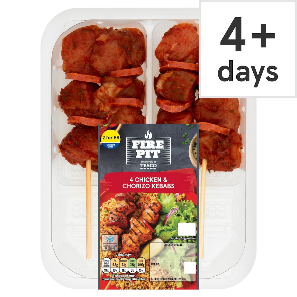 Tesco 4 Bbq Chicken & Chorizo Kebabs 272G
