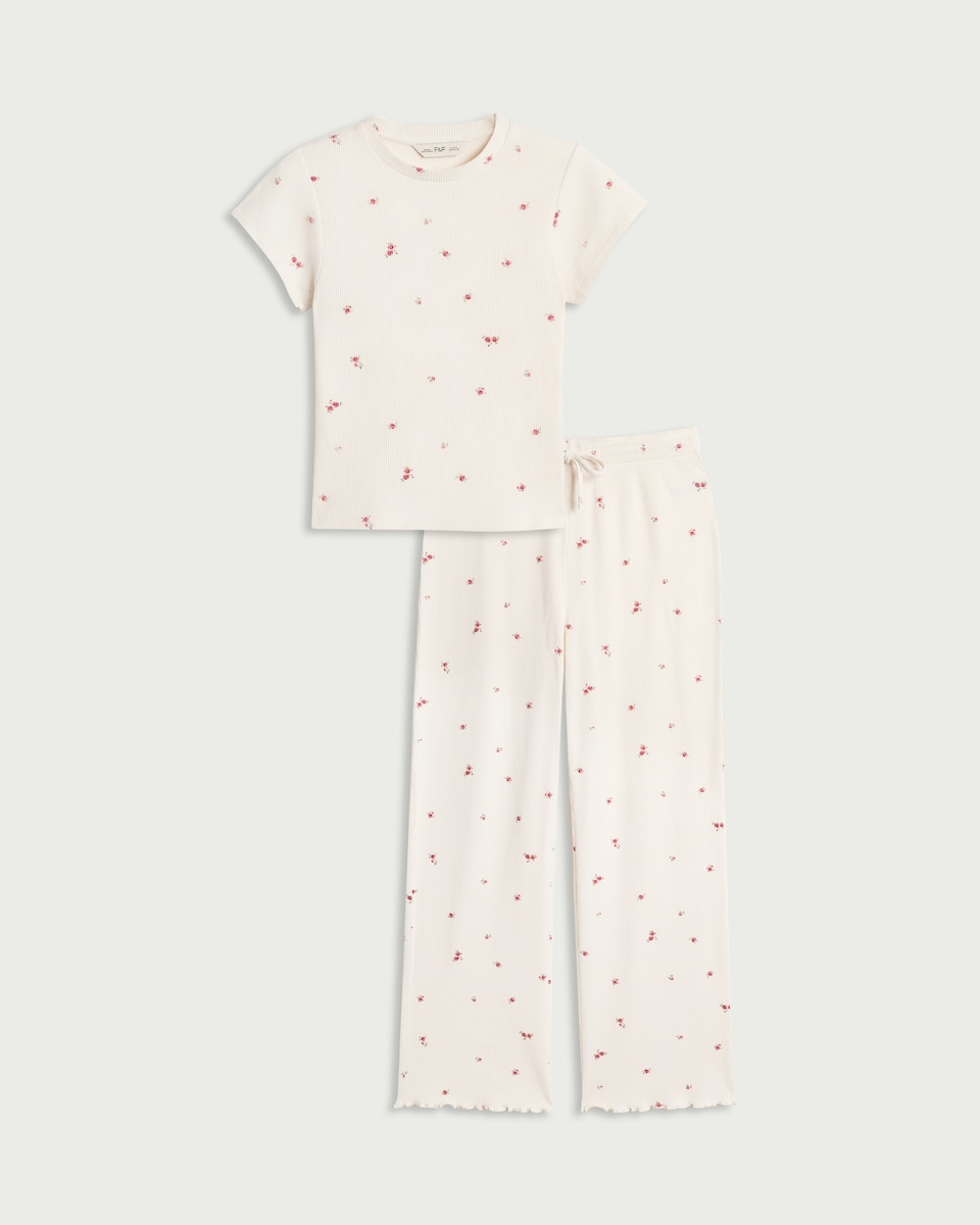 image 1 of F&F Waffle Textured Floral Pyjama Set in Cream