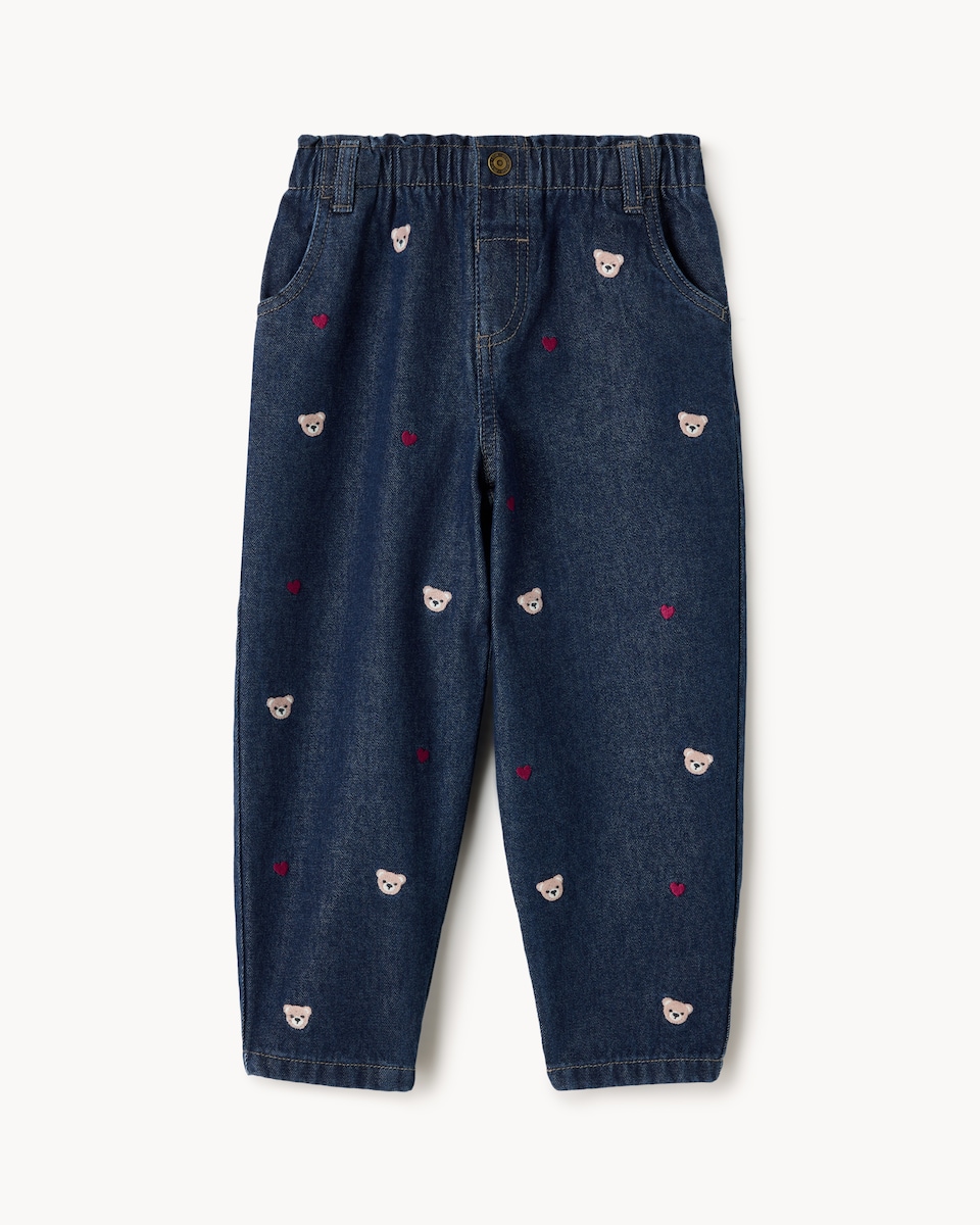 image 1 of F&F Girls Pure Cotton Embroidered Jeans in Blue
