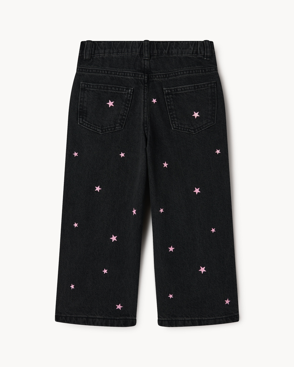 image 1 of F&F Girls Pure Cotton Star Embroidered Wide Leg Jeans in Black