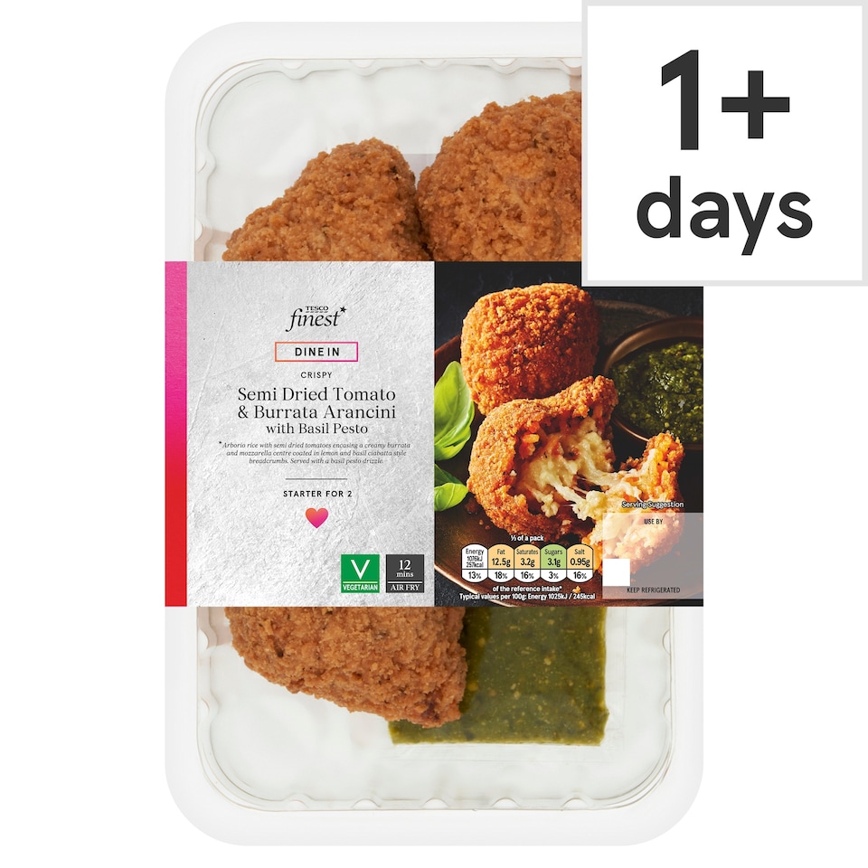 Tesco Finest Dine In Semi Dried Tomato & Burrata Arancini with Basil Pesto 225g