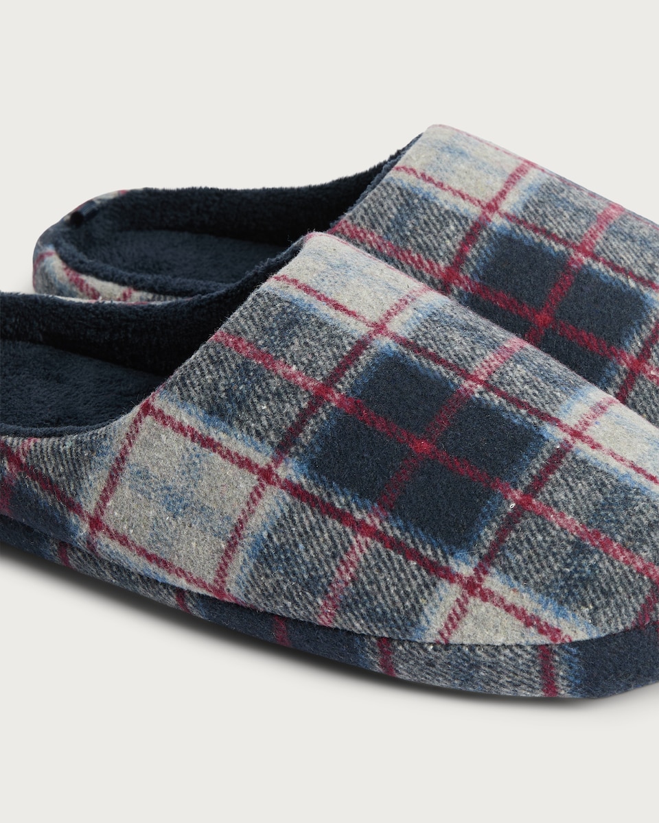 image 1 of F&F Fleece Lined Check Print Mule Slippers in Navy