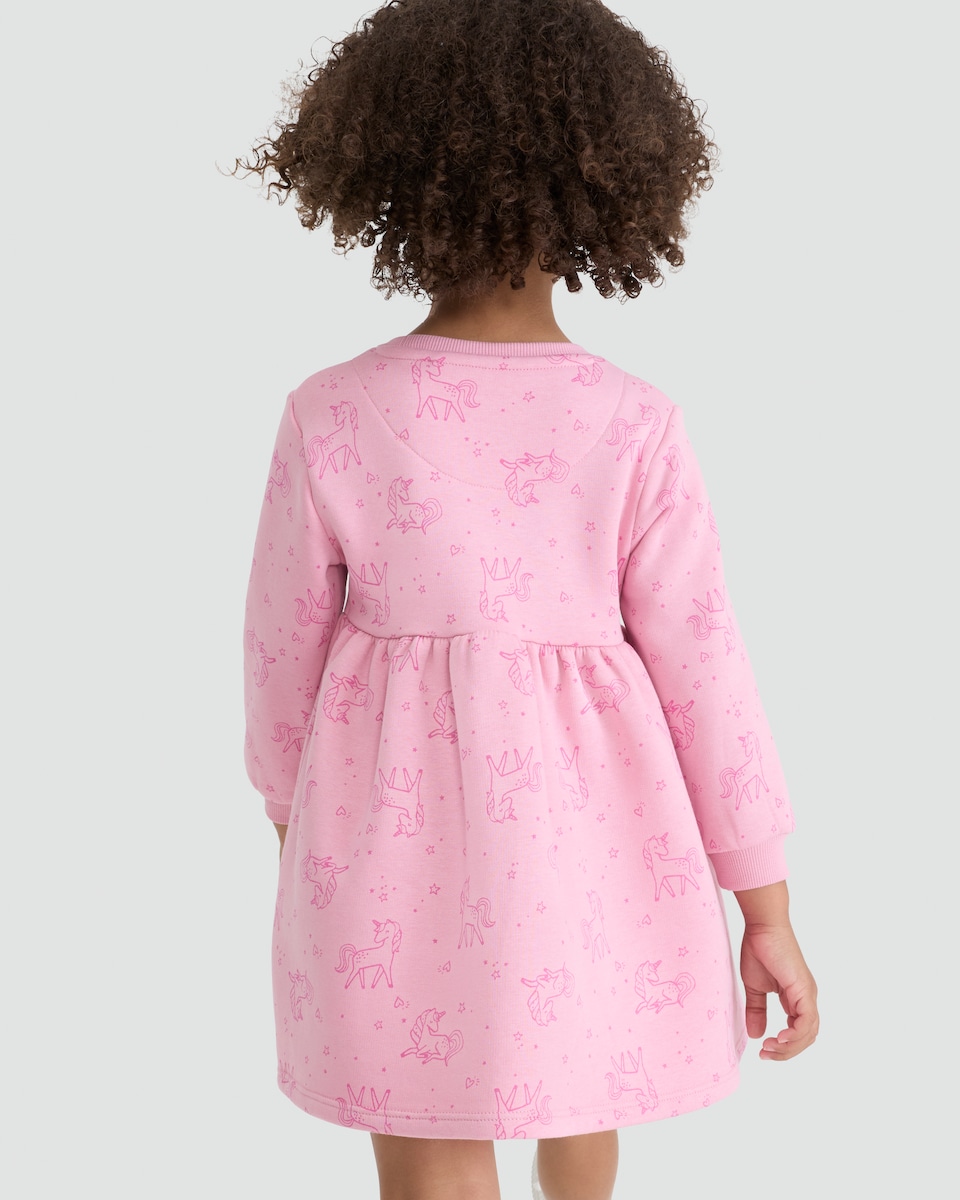 image 1 of F&F Girls Cotton Rich Unicorn Print Long Sleeved Sweater Dress in Pink