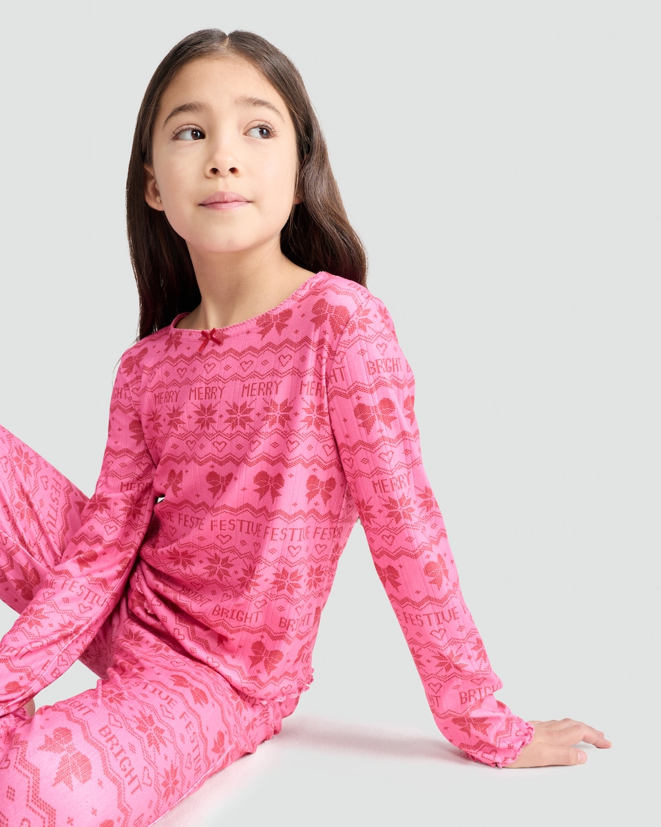 image 1 of F&F Girls 2- Piece Festive Merry and Bright Print Pyjamas in Red