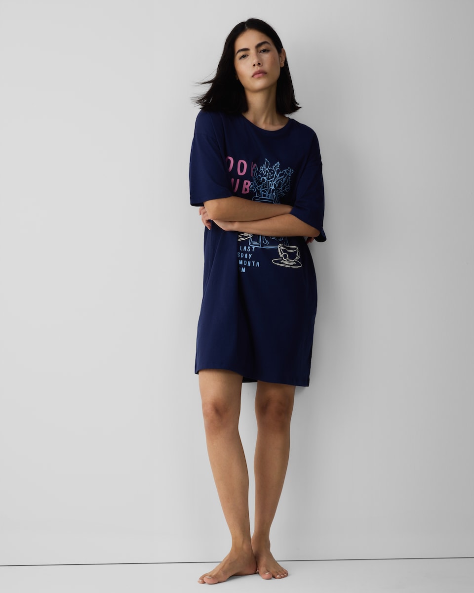 image 1 of F&F Pure Cotton Book Club Nightdress in Navy