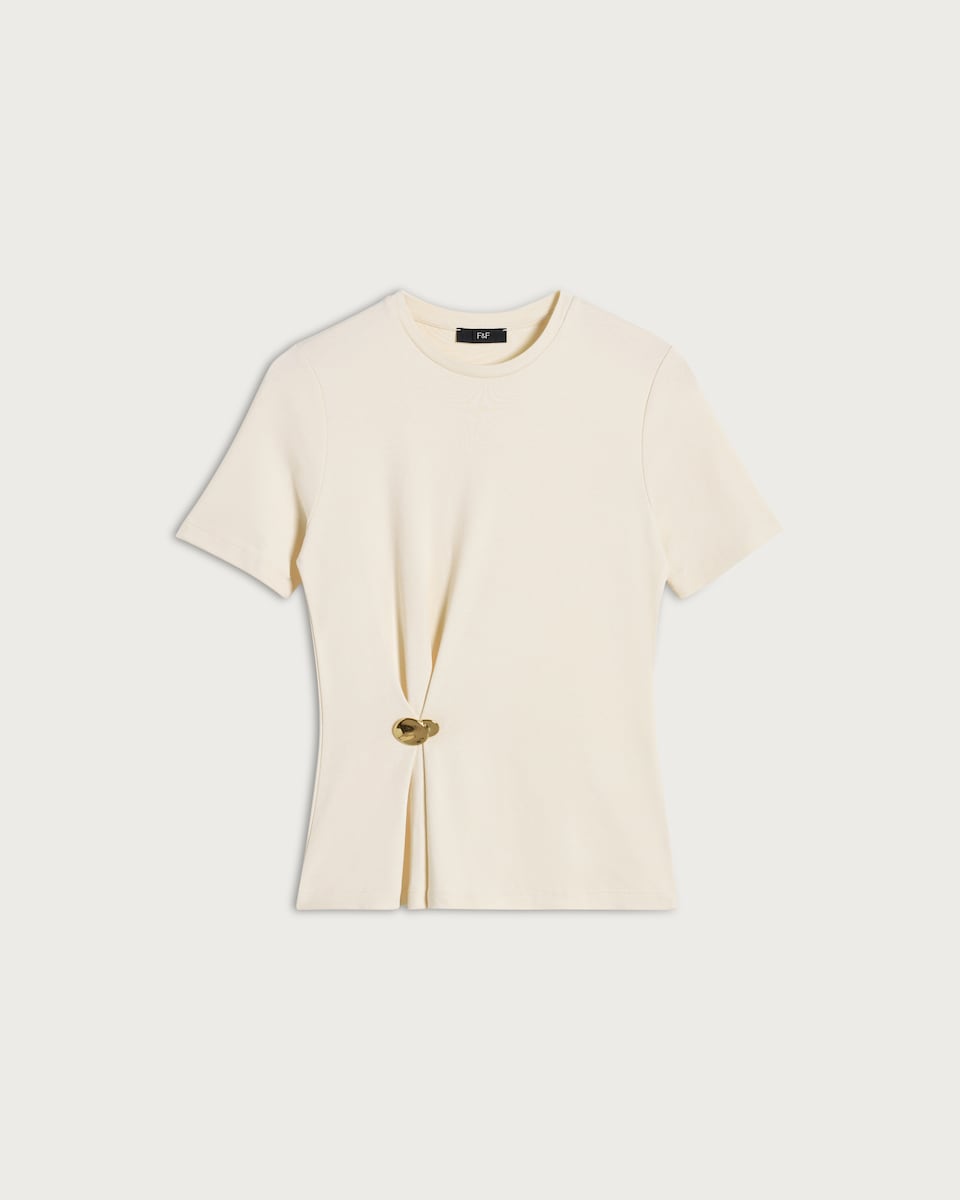 image 1 of F&F Pure Cotton Ruched Metal Accent T-Shirt in Cream