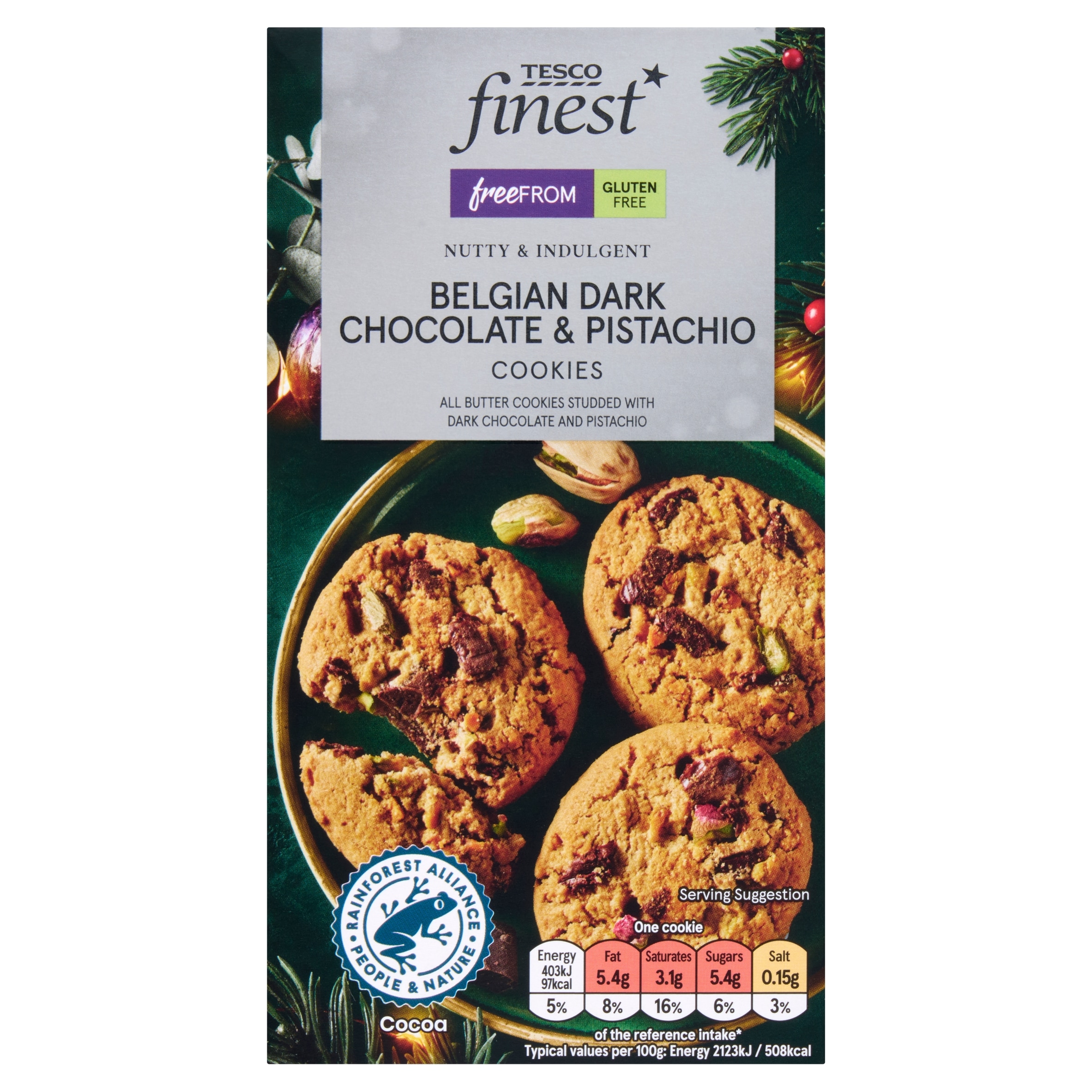 Tesco Finest Free From Dark Chocolate & Pistachio Cookies 150g