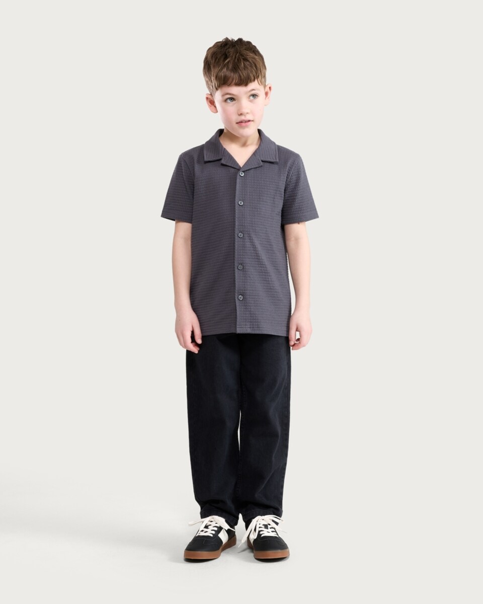 image 1 of F&F Boys Cotton Rich Textured Short Sleeved Shirt in Grey