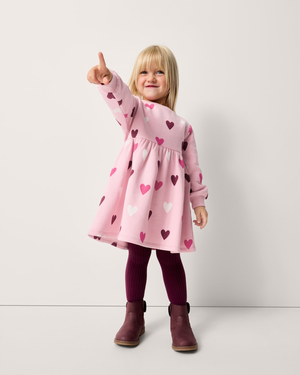 image 1 of F&F Girls Cotton Rich Heart Sweat Dress in Pink