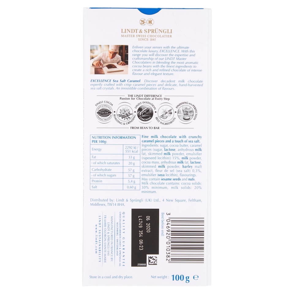 image 1 of Lindt Excellence Milk Sea Salt Caramel Chocolate 100G