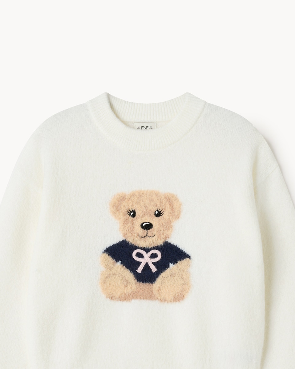 image 1 of F&F Girls Teddy Bear Knitted Jumper in Cream