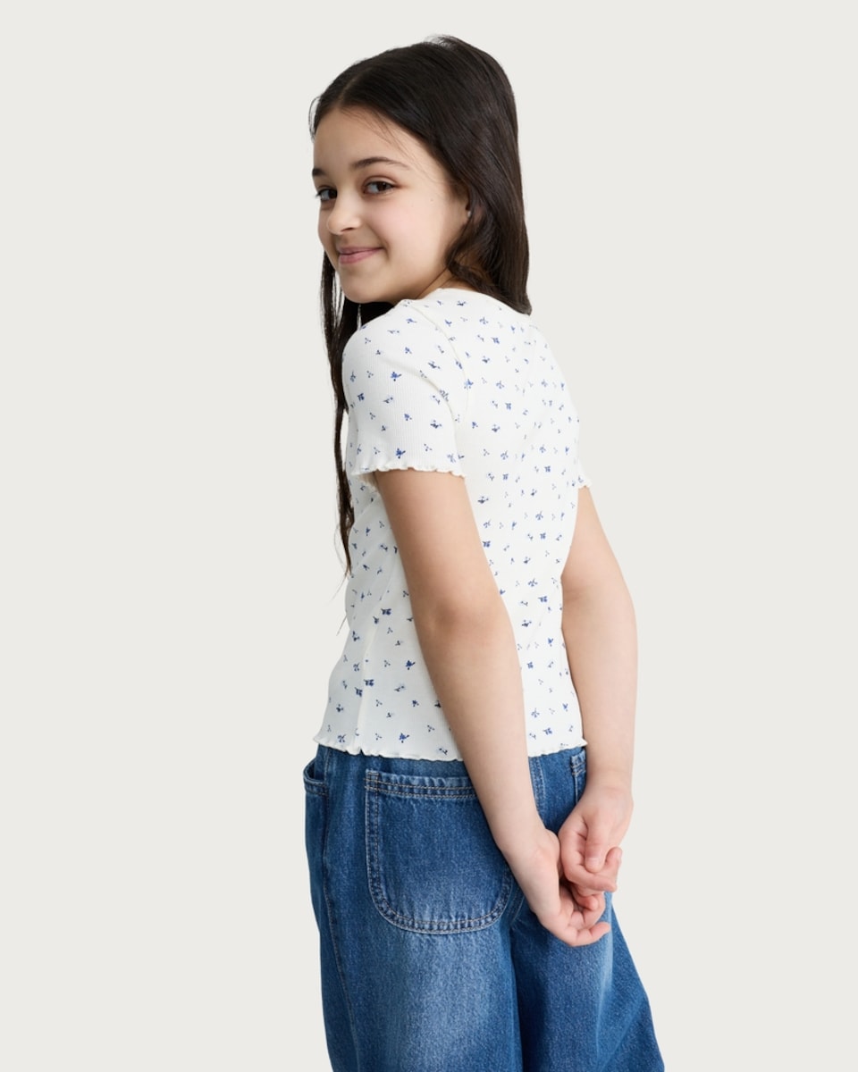image 1 of F&F Girls Cotton Rich Floral Print V Neck T-Shirt in White