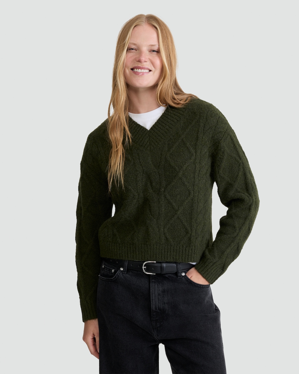 image 1 of F&F Cable Knit V Neck Jumper with Wool in Khaki