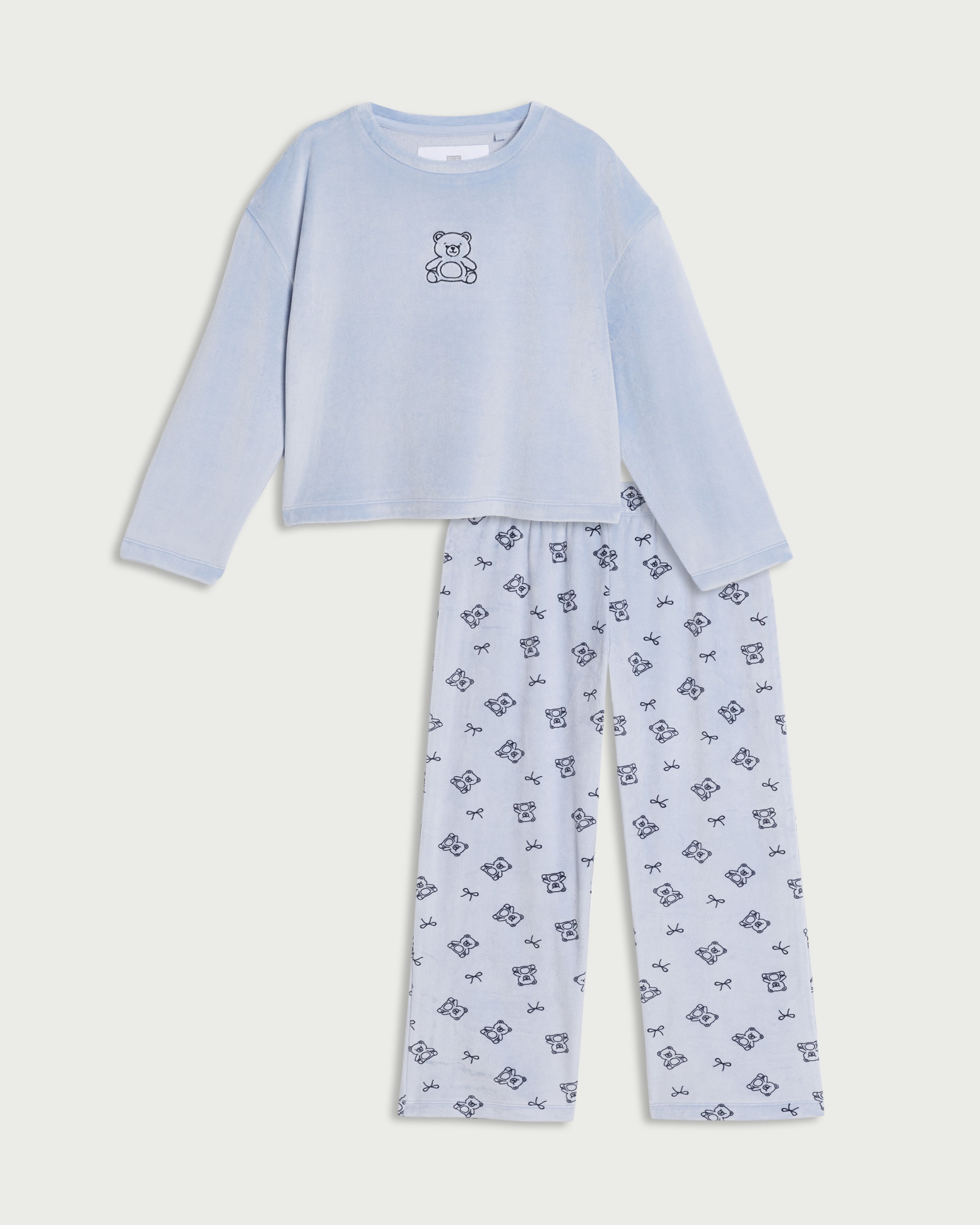 F&F Girls Fleece Textured Teddy Bear Print Pyjama Set in Grey