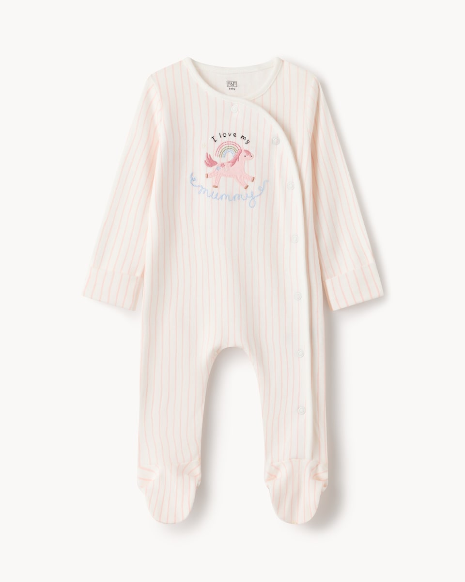 image 1 of F&F Baby Pure Cotton Striped I Love My Mummy Sleepsuit in White