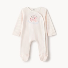 F&F Baby Pure Cotton Striped I Love My Mummy Sleepsuit in White