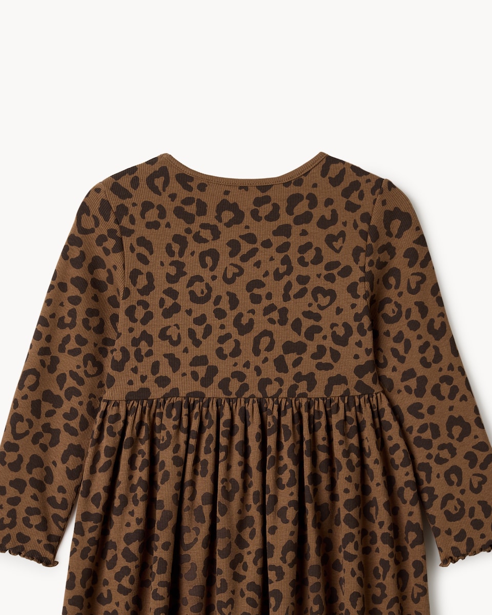 image 1 of F&F Girls Cotton Rich Ribbed Leopard Print Dress in Multi Brown