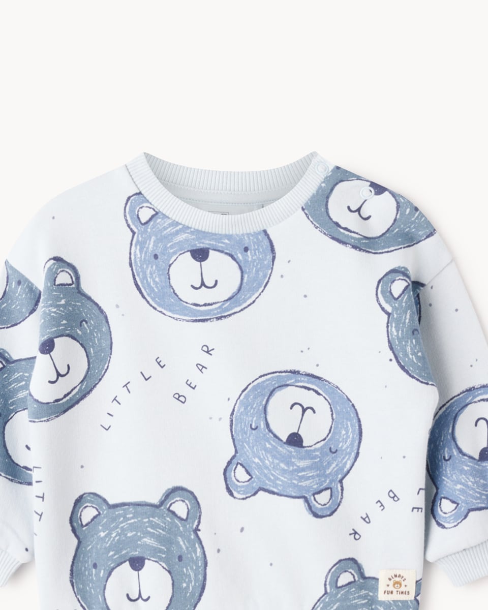 image 1 of F&F Baby Cotton Rich Bear Printed Sweatshirt and Joggers Set in Blue