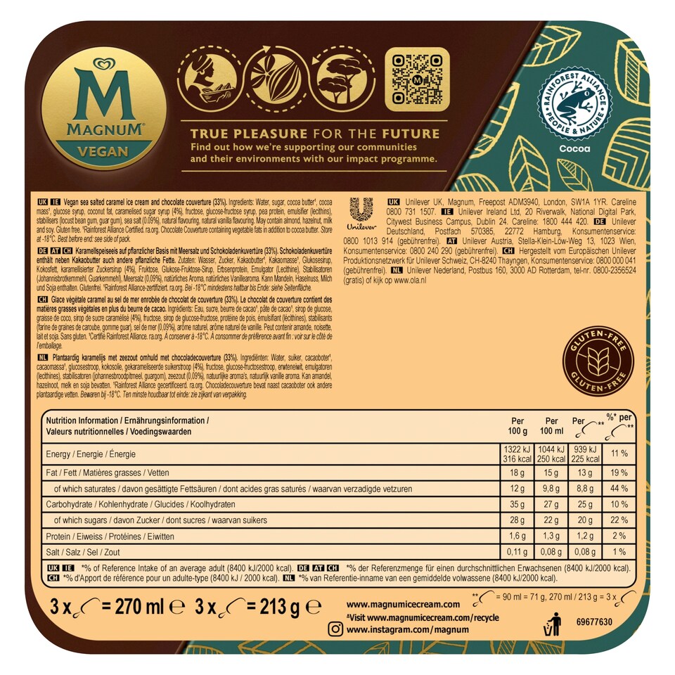 image 1 of Magnum Vegan Non Dairy Sea Salt Caramel Ice Cream Sticks 3x90ml