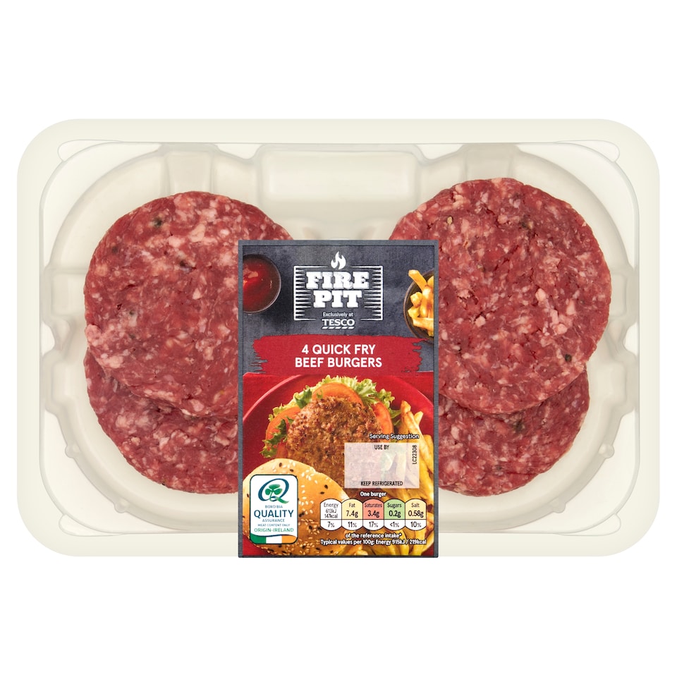 Tesco Fire Pit 4 Quick Fry Beef Burgers 360g