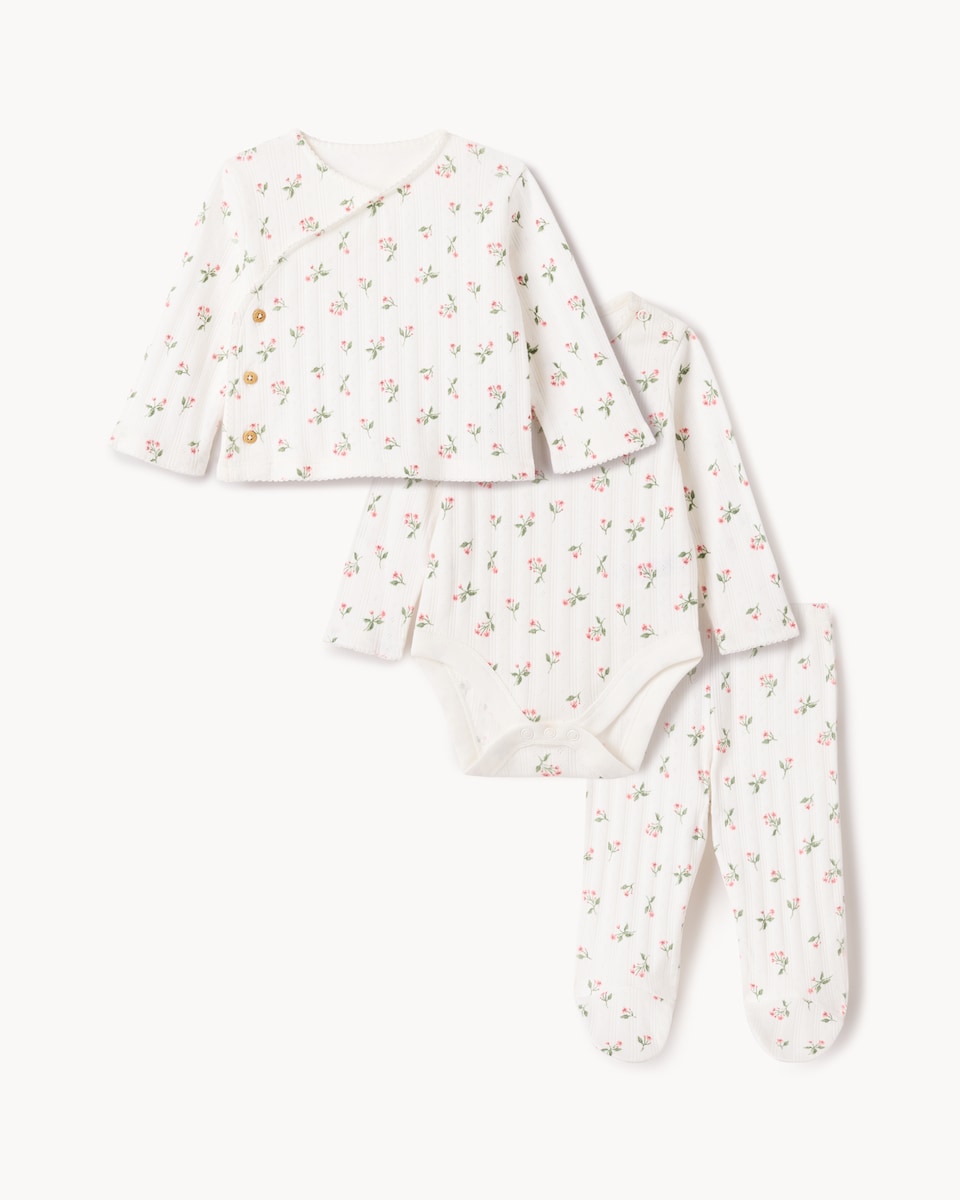 image 1 of F&F Baby 3-Piece Pure Cotton Pointelle Floral Cardigan, Bodysuit and Leggings Set in White