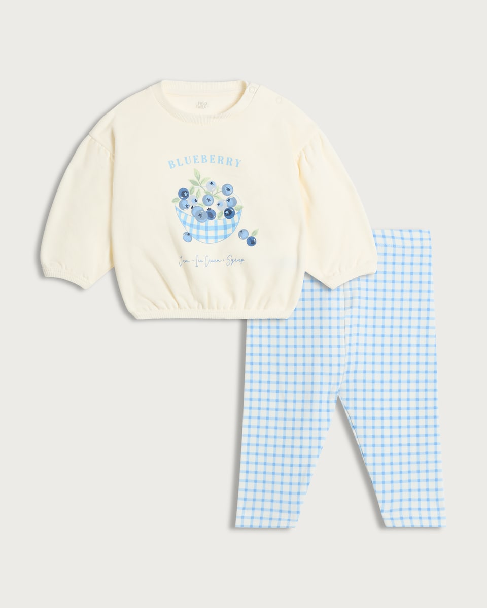 image 1 of F&F Baby 2-Piece Cotton Rich Blueberry Print Sweatshirt and Leggings in White