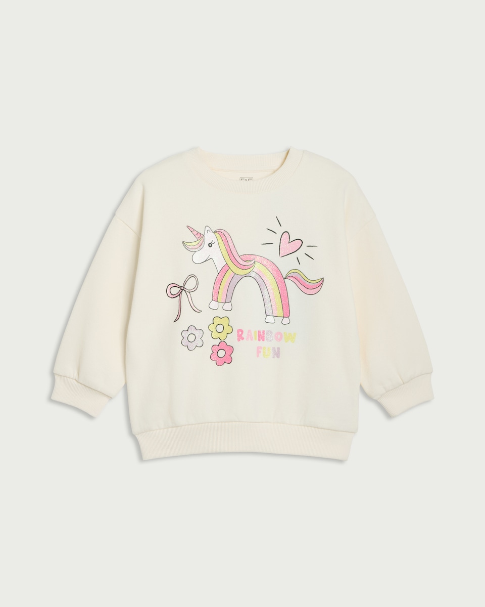image 1 of F&F Girls Cotton Rich Unicorn Print Sweatshirt in Cream