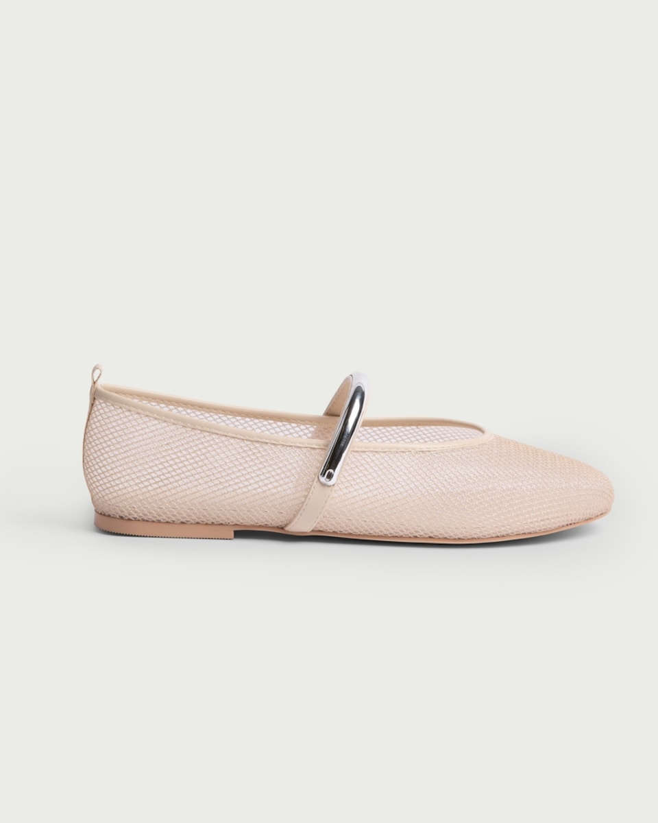image 1 of SACHA Mesh Metallic Strap Ballet Flats in Cream