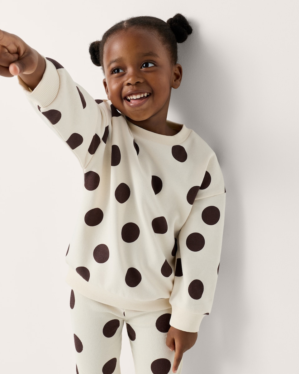 image 1 of F&F Girls Cotton Rich Polka Dot Sweatshirt and Flared Leggings Set in Cream