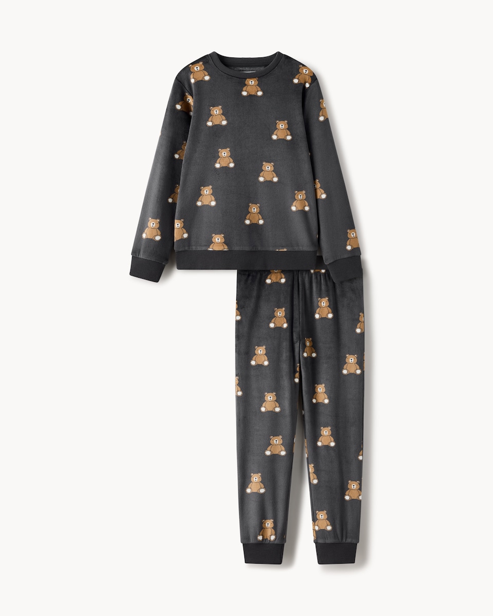 image 1 of F&F Minky Fleece Teddy Bear Pyjama Set in Grey