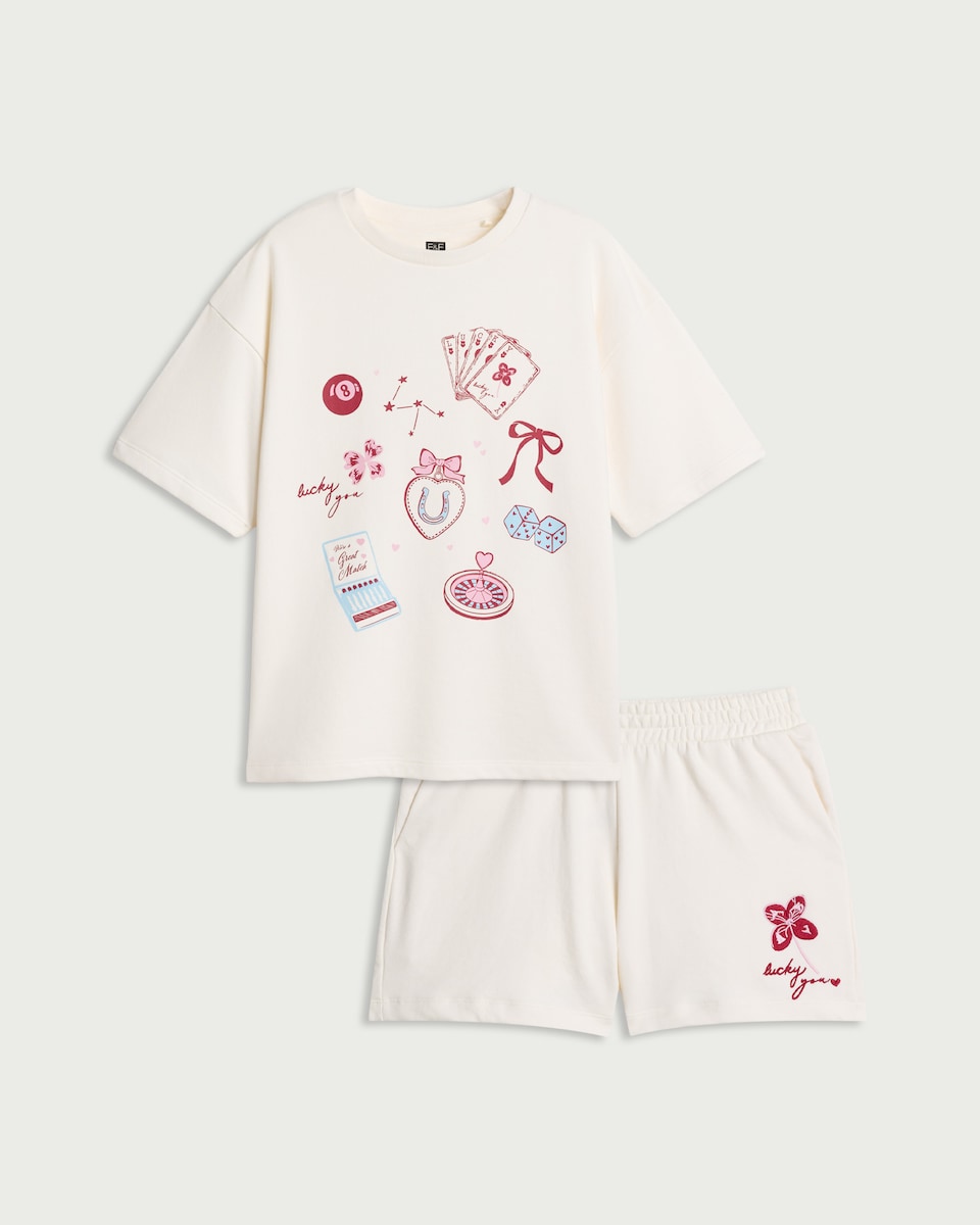 image 1 of F&F Cotton Rich Dice Pyjama Set in Cream