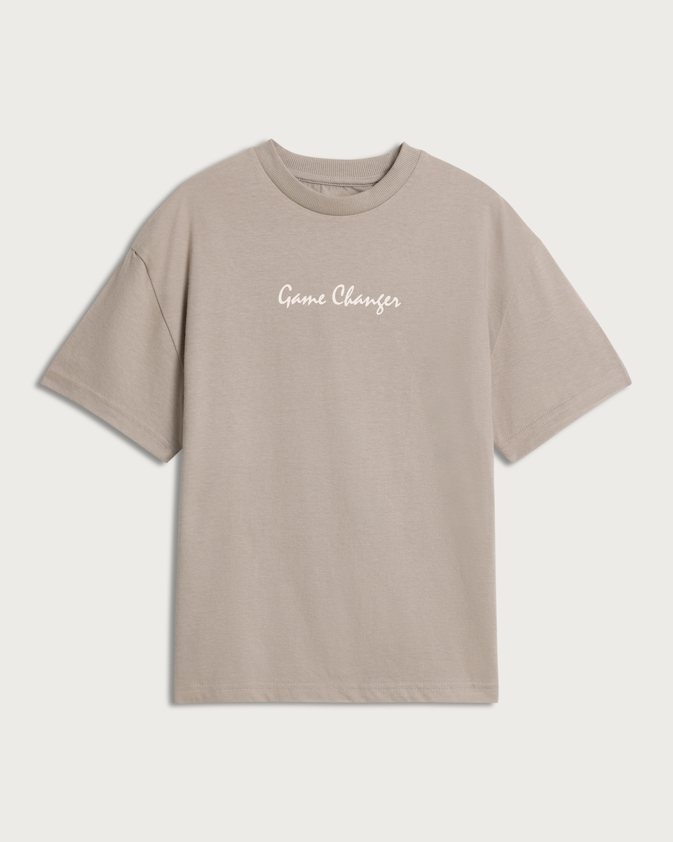 image 1 of F&F Boys Pure Cotton Printed Oversized Fit T-Shirt in Tan