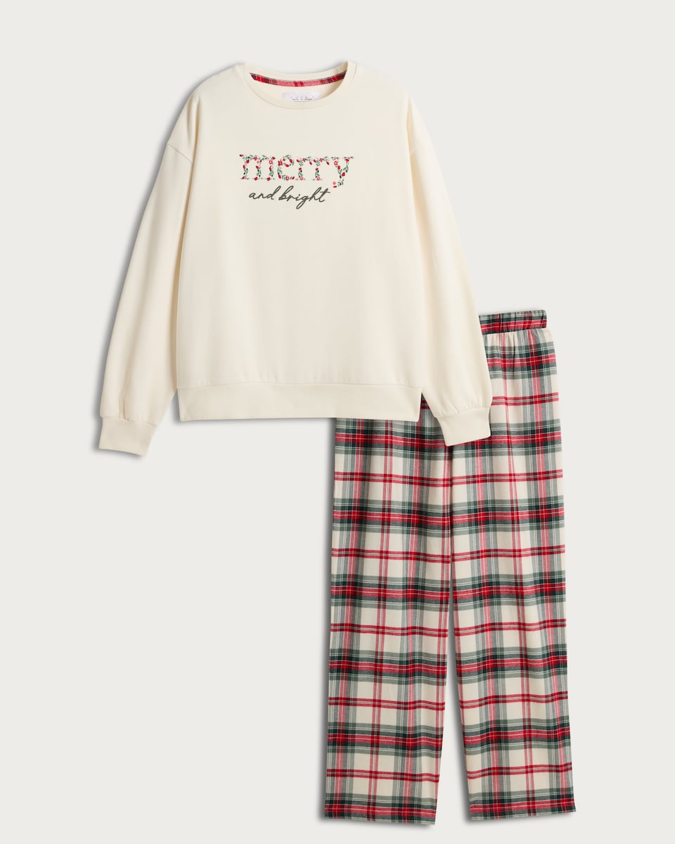 image 1 of F&F Cotton Rich Merry and Bright Sweatshirt and Trousers Pyjama Set in Green