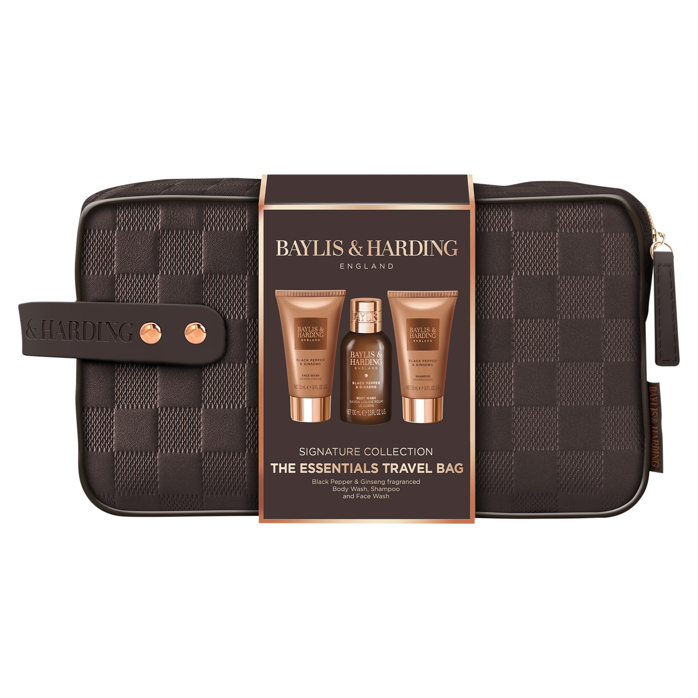 baylis and harding men's travel bag & Black Pepper & Ginseng The Essentials Wash Gift Set WASH BAG & TRAVEL ESSENTIALS