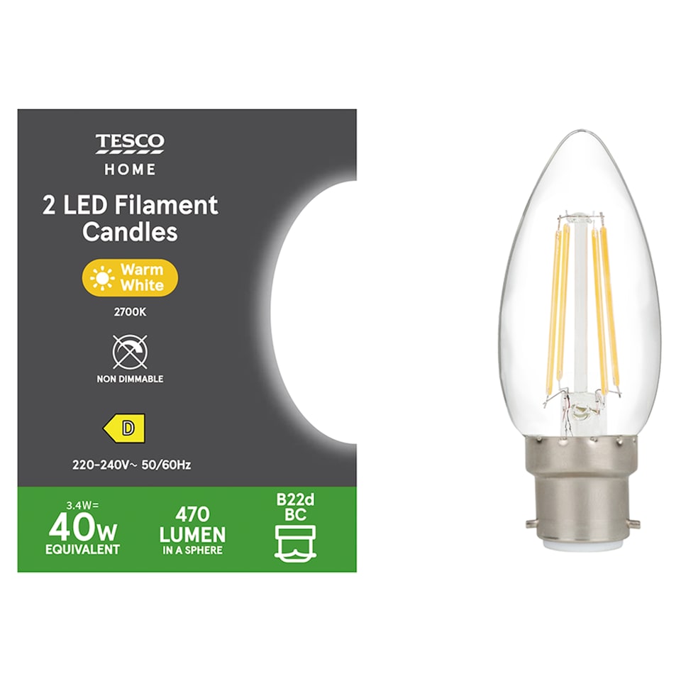 Tesco LED Filament Candle 40W BC Warm White 2 Pack