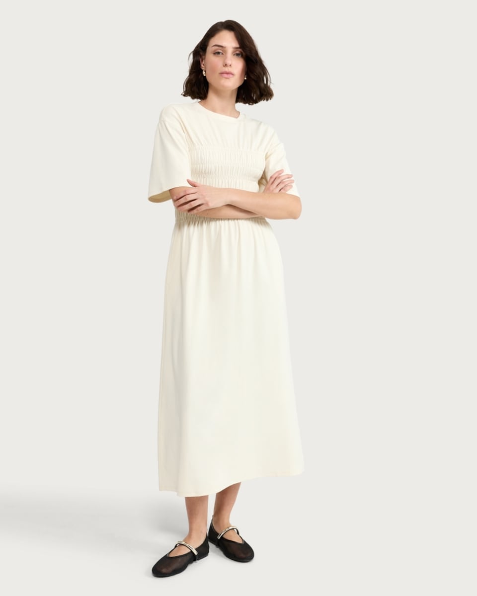 image 1 of F&F Cotton Rich Shirred Waist Midi Dress in Yellow