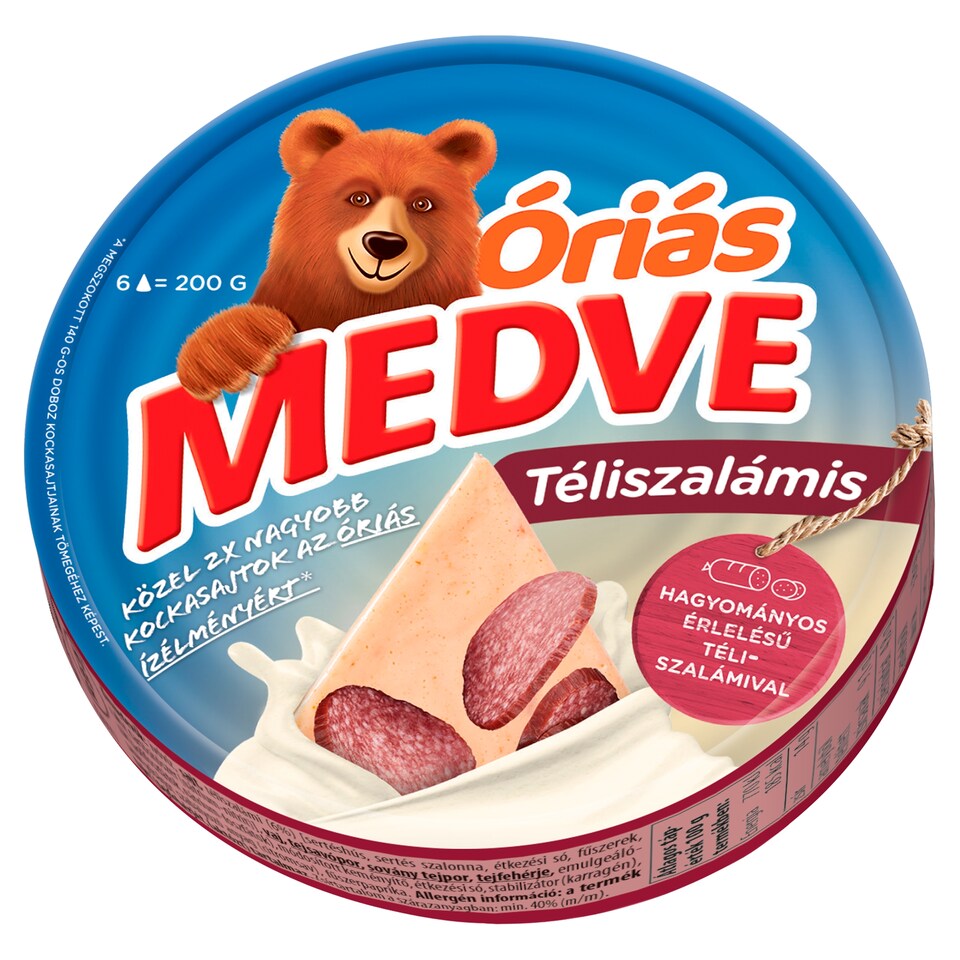 Medve Óriás téliszalámis kenhető, félzsíros ömlesztett sajt 6 x 33,3 g (200 g)