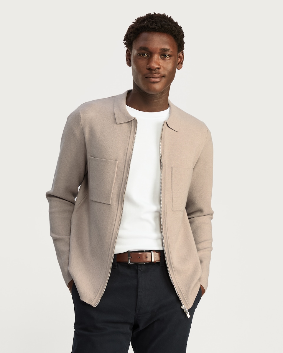 image 1 of The F&F Edit Knitted Pocket Front Zip Up Collared Jacket in Sand