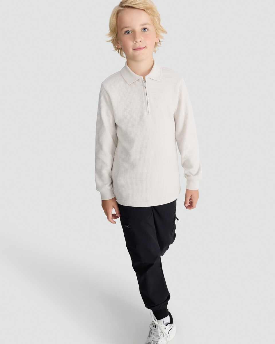 image 1 of F&F Boys Pure Cotton Waffle Textured Zip Polo Top in Med Nude