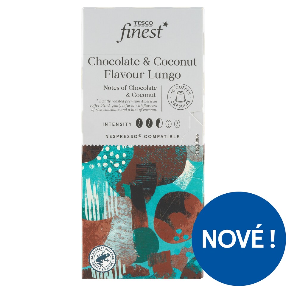 Tesco Finest Lungo pražená mletá káva v kapslích s čokoládovo-kokosovou příchutí 10 ks 54g