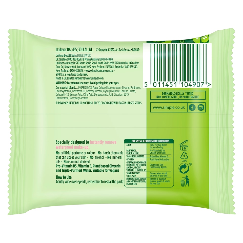 image 1 of Simple Kind To Eyes Eye Make-Up Remover Pads 30S